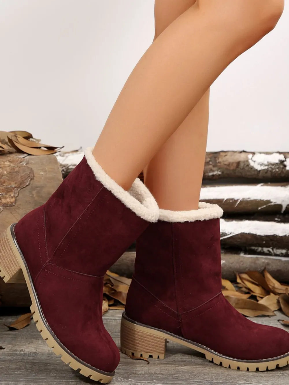 Sherpa-Trimmed Faux Suede Ankle Boots