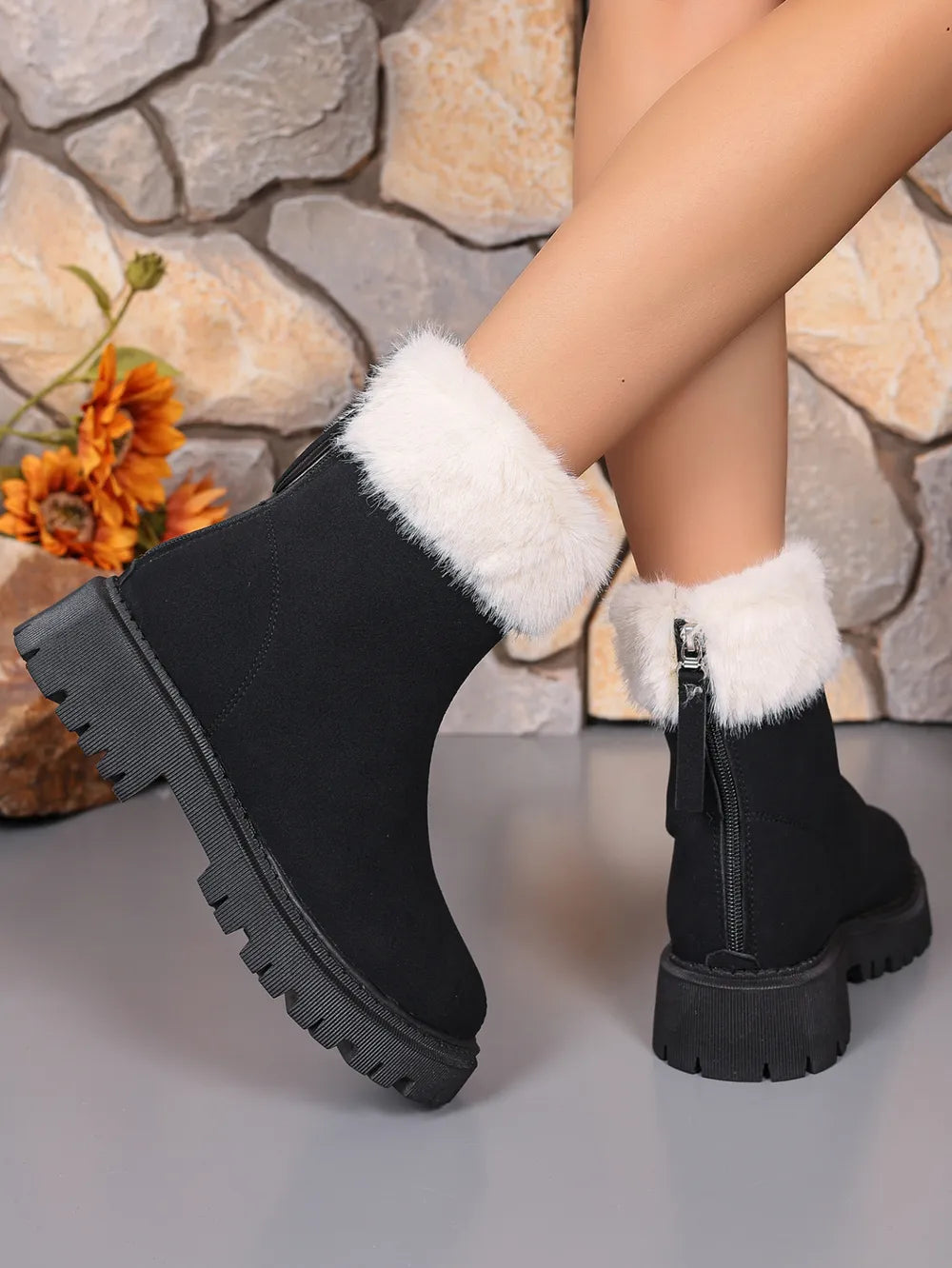 Suede Ankle Boots with Faux Fur Trim