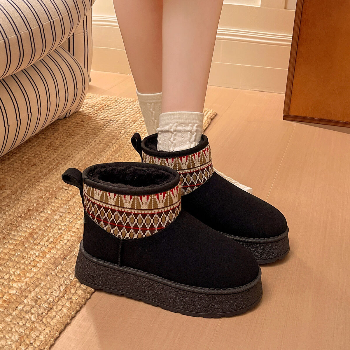 Fabric Round Toe Platform Boots