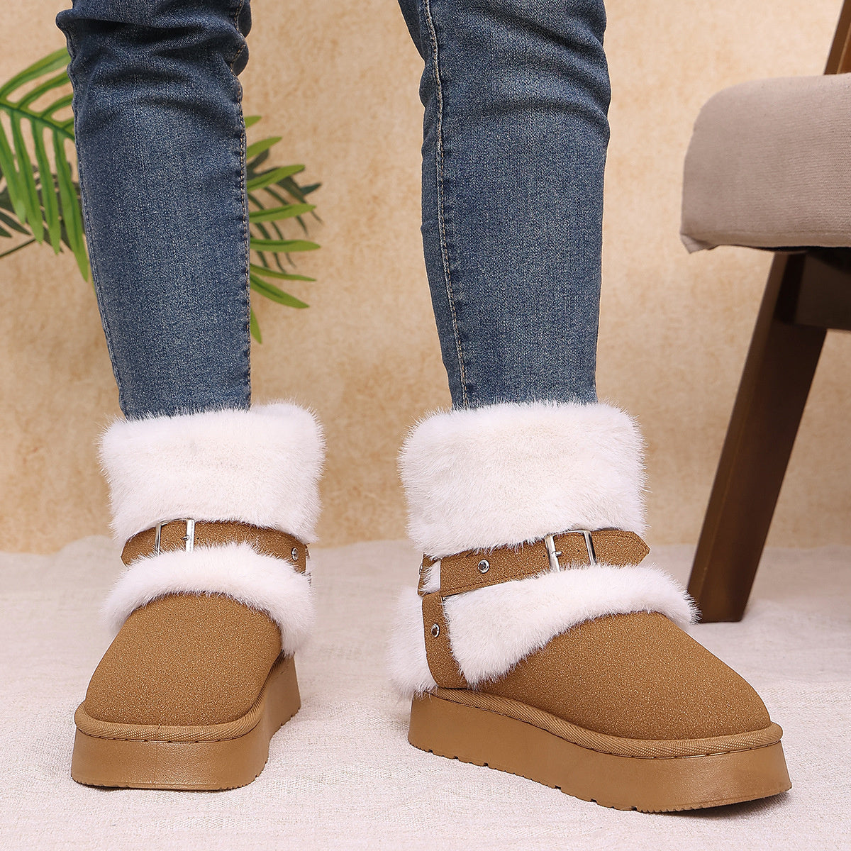 Fabric Chunky-Sole Round Toe Platform Boots