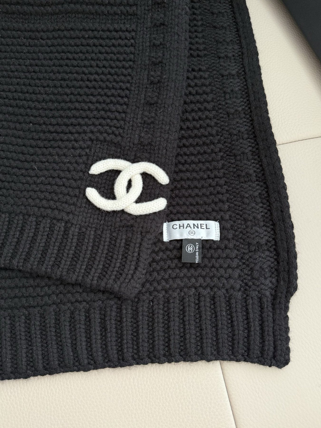 Chanel Black Rib-Knit Logo Scarf
