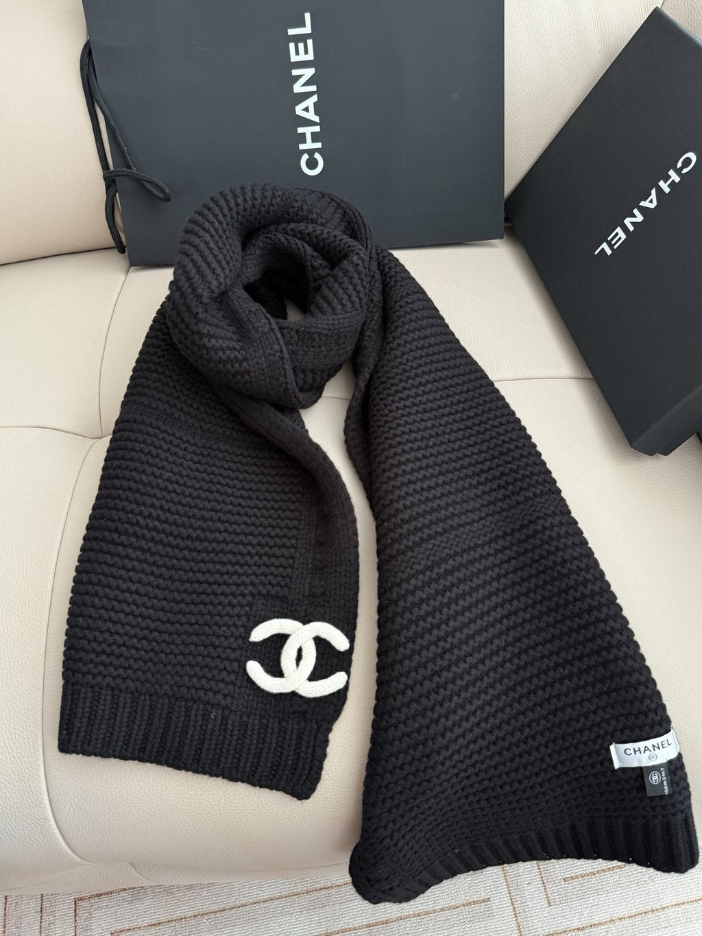 Chanel Black Rib-Knit Logo Scarf