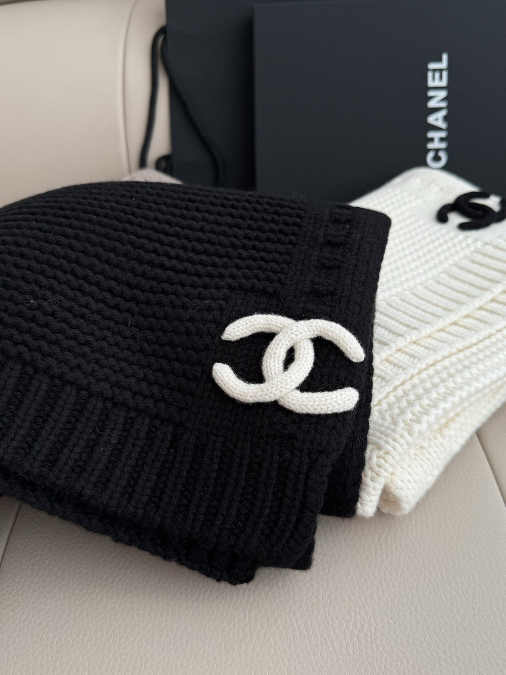 Chanel Black Rib-Knit Logo Scarf
