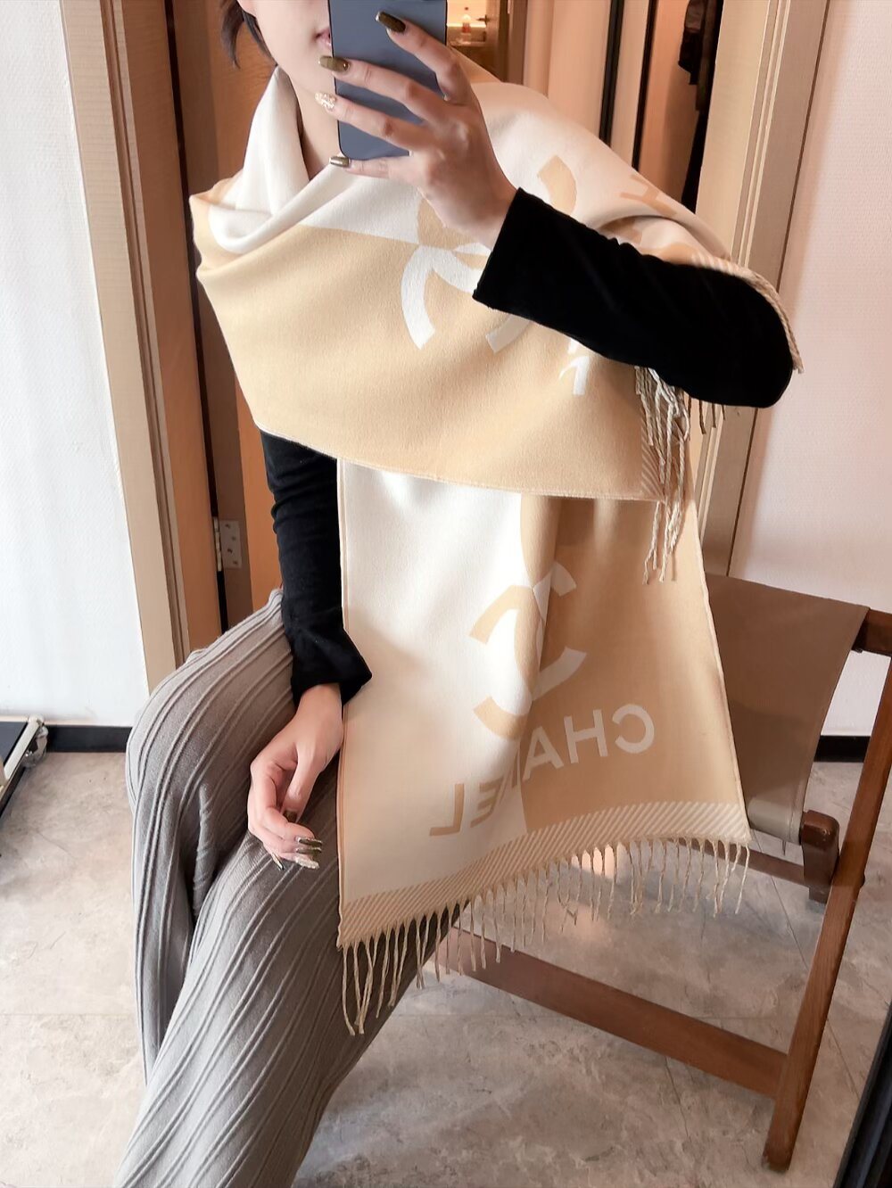 Chanel Logo Panel Fringed Scarf