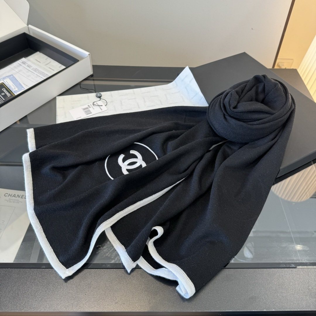 Chanel Black Logo Trim Scarf