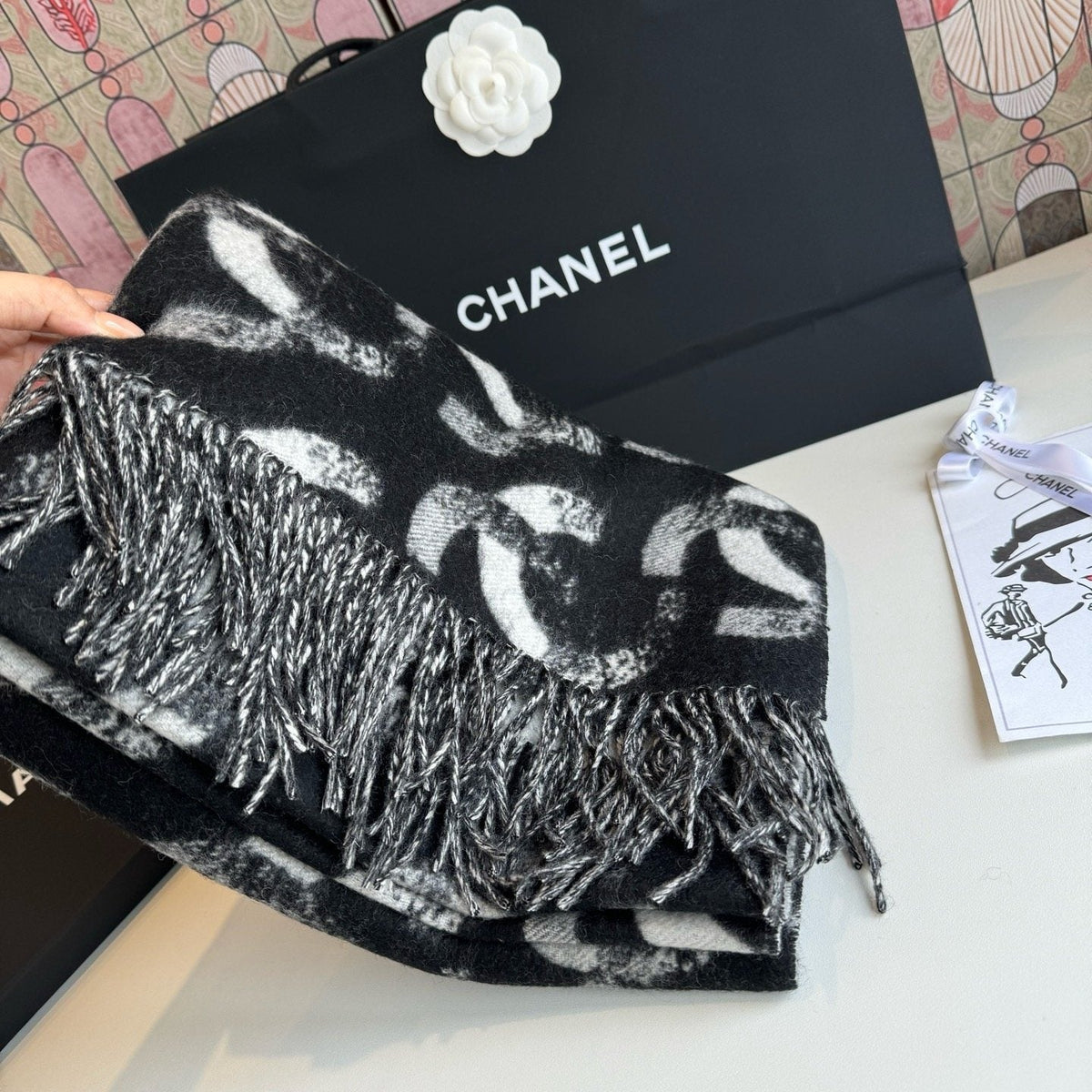 Chanel Black & White Fringed Scarf
