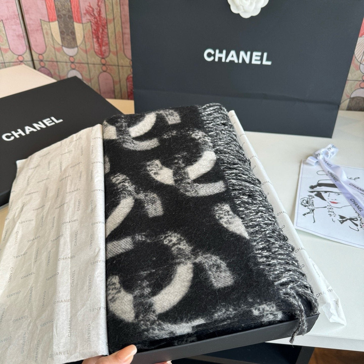 Chanel Black & White Fringed Scarf