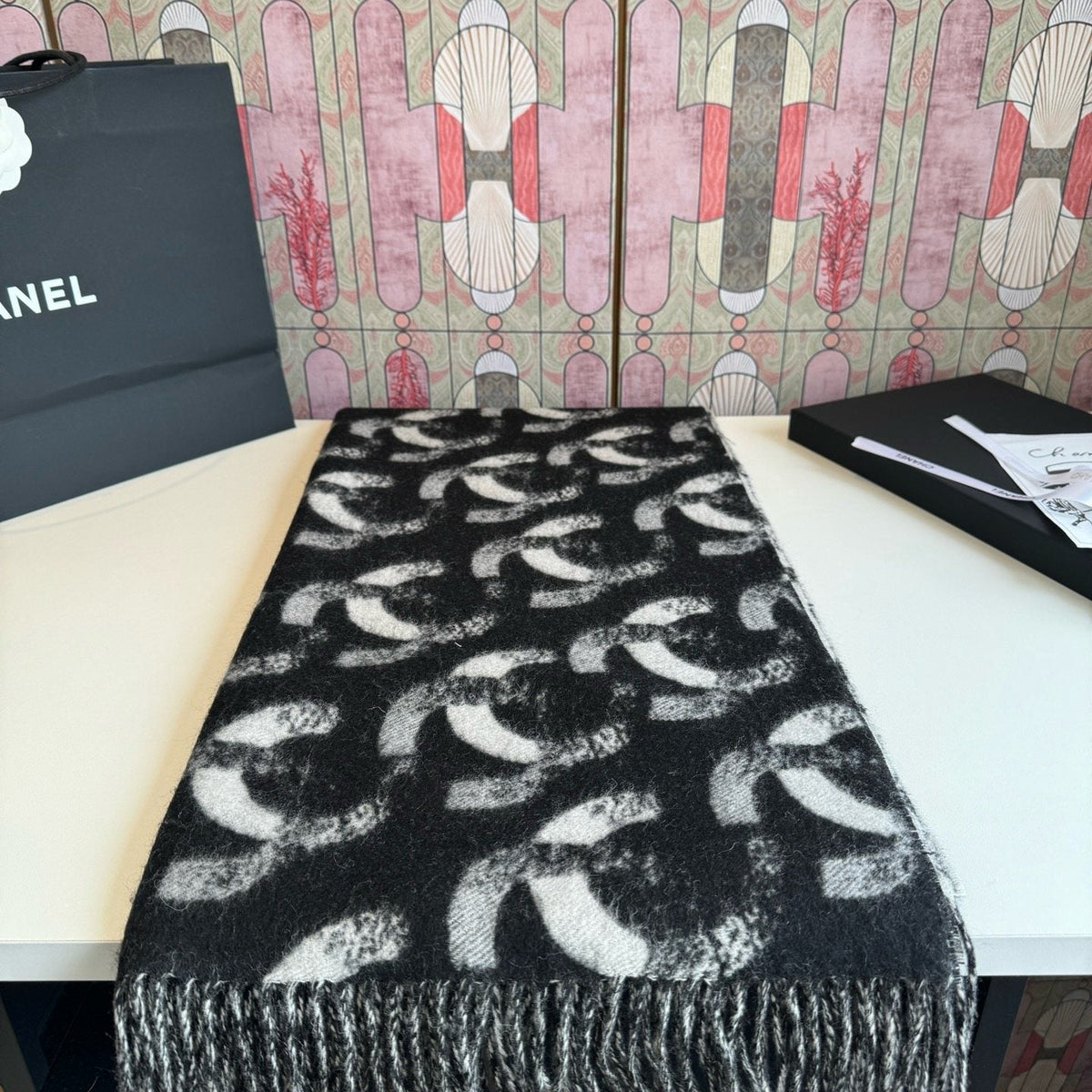 Chanel Black & White Fringed Scarf