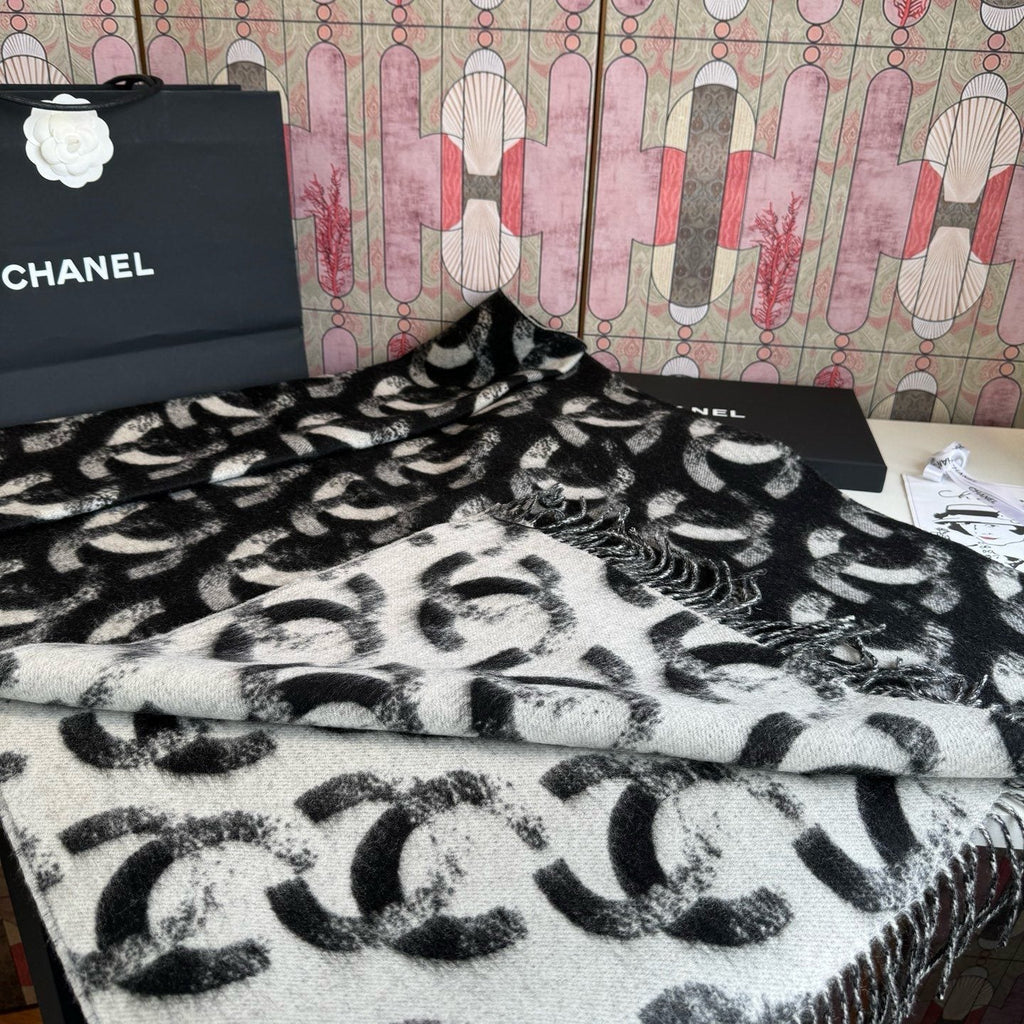 Chanel Black & White Fringed Scarf